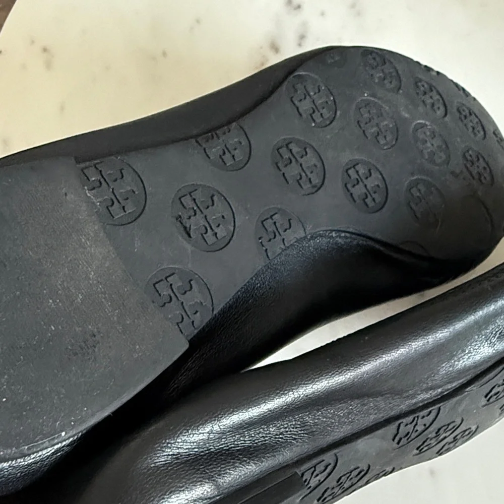Tory Burch Reva Black Leather Logo Ballet Flats Size 8